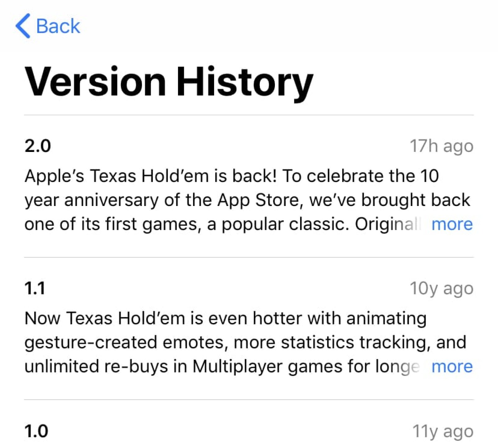 Texas Hold'em App Store version history
