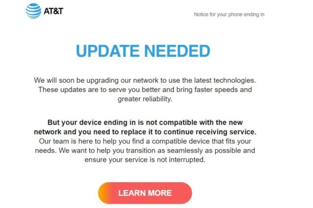 An email from AT&T saying customers need to update their phone.