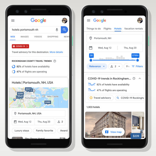 Google adds COVID-19 stats to travel searches.