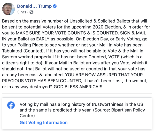 Facebook's latest label for Trump's post about mail-in ballots.